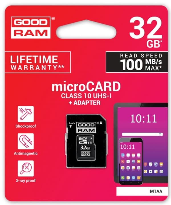 Goodram, MicroSDHC 32GB CL10 + adapter tilbyder pålidelig og hurtig ekstra lagringsplads. Ideel til mobiltelefoner, kameraer og tablets. Let at bruge
