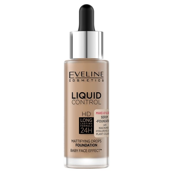 Eveline Cosmetics Flytande Foundation HD Mattande Ansiktsmakeup med Niacinamid 060 Solig Beige, 32 ml