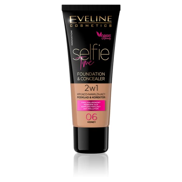 Eveline Cosmetics Selfie Time Foundation & Concealer, Täckande och Fuktgivande, Nyans 06 Honey, 30 ml