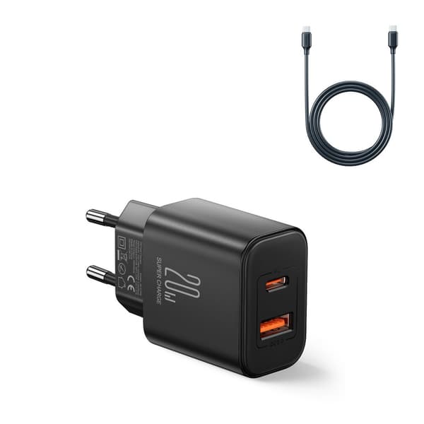 Joyroom JR-TCF05 20W EU Oplader med USB-A og USB-C + USB-C Kabel - Sort