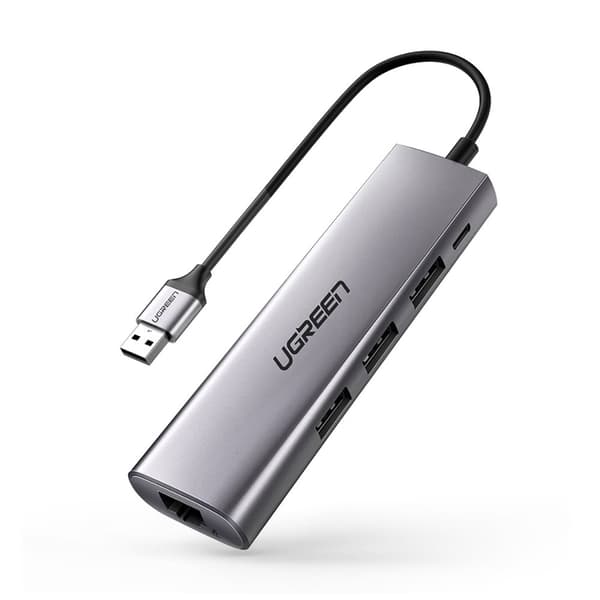 Ugreen CM266 60812 5-i-1 Adapter USB-A 3.0 till RJ45 / 3x USB-A 3.0 / micro USB - Grå