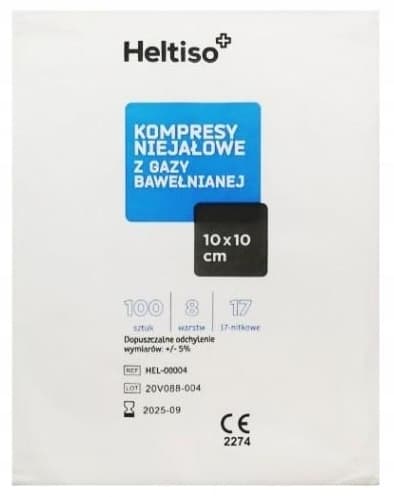 Heltiso, Ikke-klæbende kompresser af 17-trådet bomuldsgaze, 8-lags 10 x 10cm, 100 stk.