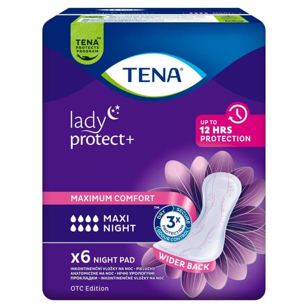 Tena Lady Maxi Nattbindor, 6-pack - Optimalt nattskydd med anatomisk design.