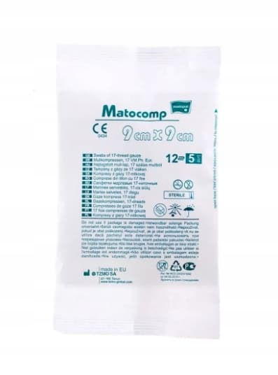 Kaasukompressit Matocomp, 9x9cm, 5 kpl – Steriilit, 17-lankaiset, 12-kerroksiset