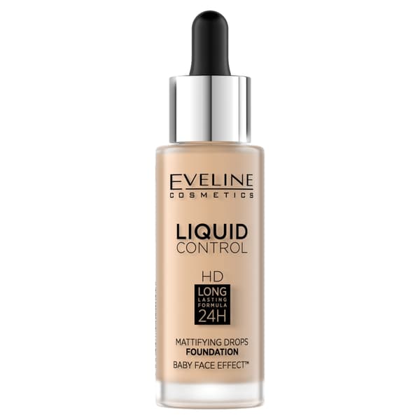 Eveline Kosmetik Flydende Foundation Liquid Control HD 24H 011 Naturlig, 32 ml med droppertilbehør.
