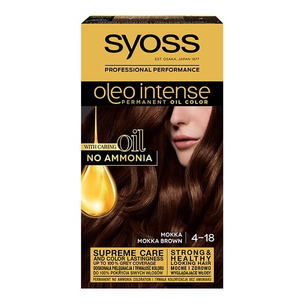 Syoss Oleo Intense Hiusväri Mokka 4-18 - Tyylikäs tummanruskea hiusväri, joka antaa intensiivistä ja kestävää väriä. Kokeile luotettavaa Syossia nyt!
