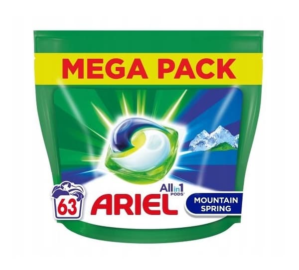 Ariel Alt-i-én Vaskecaps, 63 stk, Duft af Bjergflod.