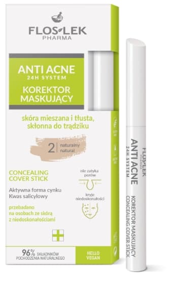 Flos-Lek Pharma Anti-Akne Concealer Naturlig 2 til kombineret og fedtet hud, udsat for acne