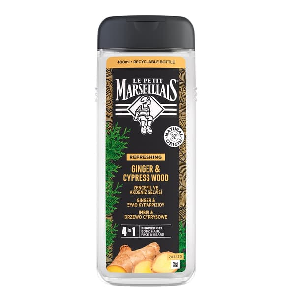 Le Petit Marseillais 4-i-1 brusegel for mænd, Ingefær & Cypresstræ, 400 ml