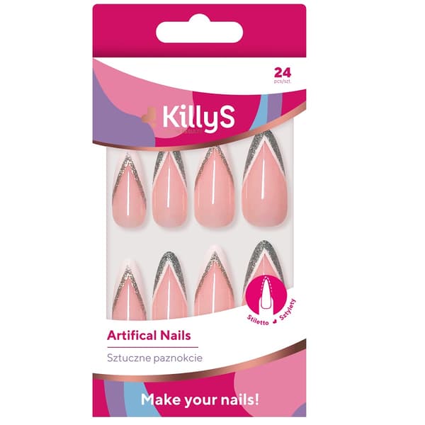 KillyS Kunstige Negle Stiletto Sølv Glitter Fransk, 24 stk