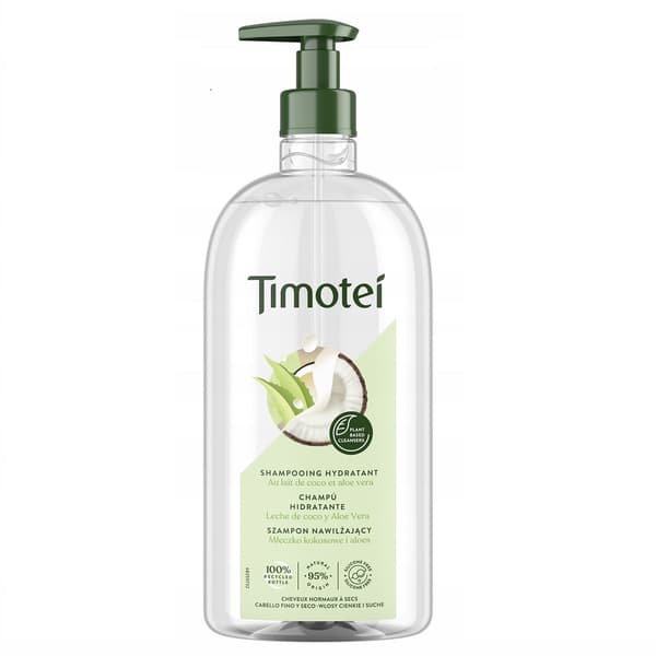 Timotei Kosteuttava Shampoo Kuiville ja Ohuille Hiuksille Kookosmaito ja Aloe Vera, 750 ml