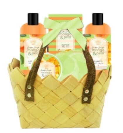 Aurora Gaveæske Mango og Pære: Shower Gel 300 ml + Shampoo 300 ml + Sæbe 100g + Balsam 50 ml + Svamp