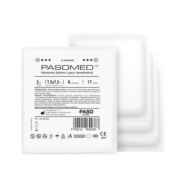 Pasomed Sterila Kompresser, 17-trådiga, 8-lagers, 7,5x7,5cm, 3-pack