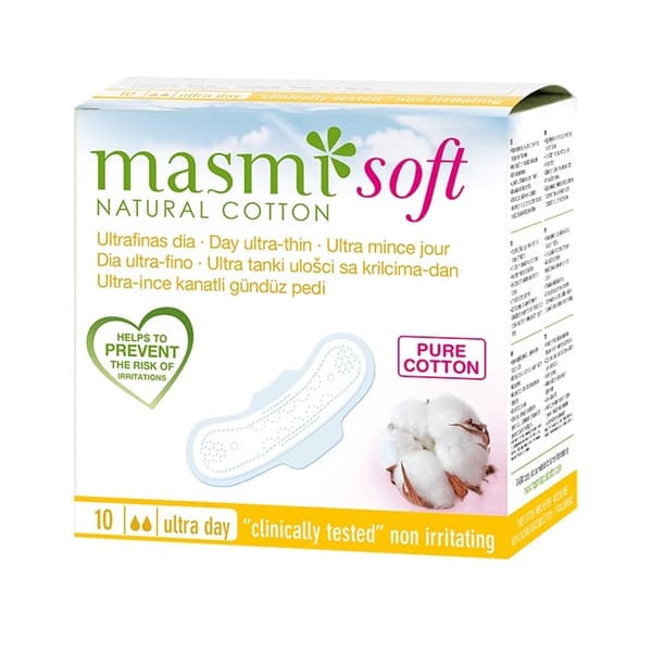 Masmi Extra Tunna Dambindor Dag med Vingar i Ekologisk Bomull Soft, 10 st