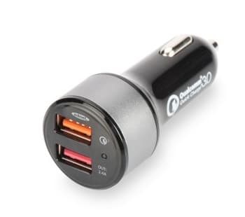 Ednet Bilkraft oplader Qualcomm Quick Charge 3.0, 2xUSB (3A/2.4A), sort-sølv