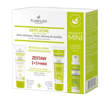 Flos-Lek Anti Acne Sæt 24H System Reducerer overskydende talg og urenheder Creme 50 ml + Serum 50 ml + Tonic 50 ml