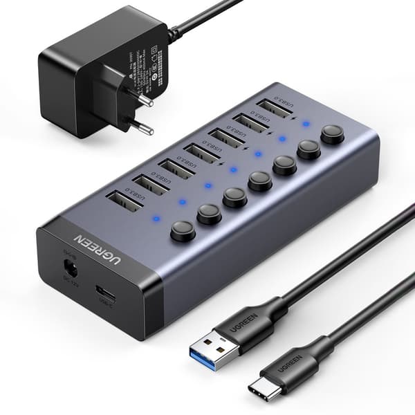 Ugreen Monitoiminen HUB 7-in-1 USB-C - 7x USB-A 3.0 PD DC 12V Harmaa (CM481)