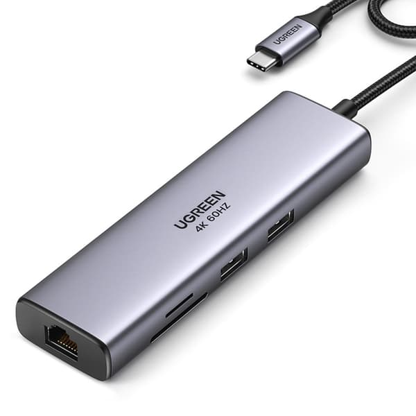 Ugreen CM512 USB-C Adapter - 2x USB-A 3.0, HDMI, RJ45, SD/TF-kortläsare, USB-C PD 100W - Grå
