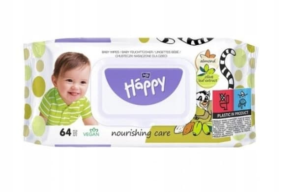 Baby Happy, Vådservietter med mandel- og olivenbladekstrakt, 64 stk