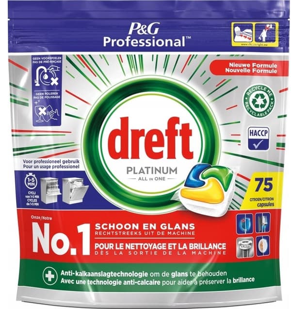 Dreft Platinum All in One - Lemon Scented Opvaskemaskiner Tabletter, 75 stk.