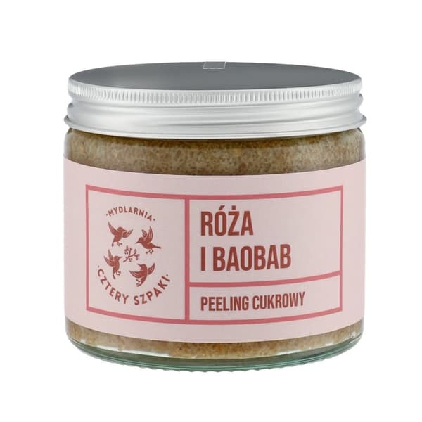 Fyra Sparv Tvålverkstad Socker Skrubb för Kropp Rosa & Baobab, 250 ml