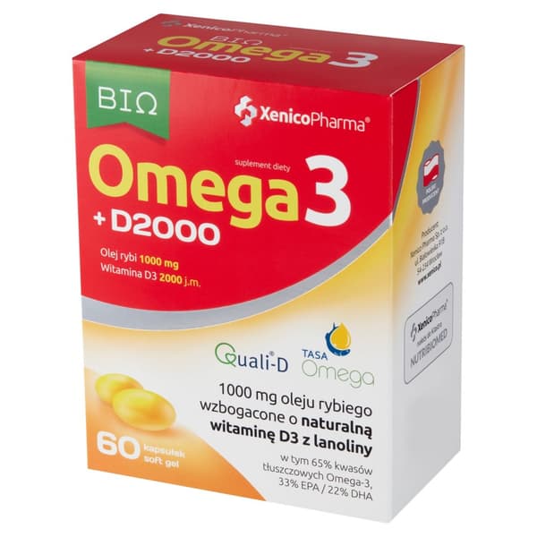 Ravintolisä: Omega3 + D 2000, 60 kapselia - korkea Omega-rasvahappopitoisuus terveydelle ja immuunijärjestelmälle.