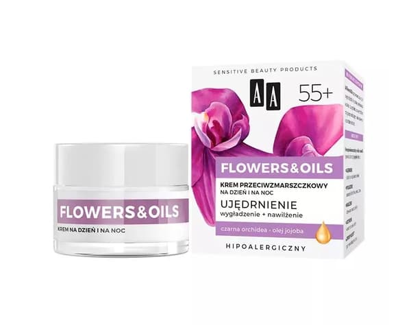 AA Flowers ja Olis 55+ Kiinteyttävä Päivä- ja Yövoide, Kasvovoide Ryppyjä Vastaan, 50 ml