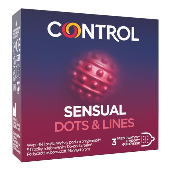 Kontroll Sensual Prickar & Linjer Räfflade Kondomer med Knottror, 3 stycken