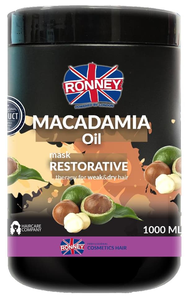 Ronney Hårmask med Macadamiaolja - Återfuktande och stärkande för torrt och fint hår, 1000 ml