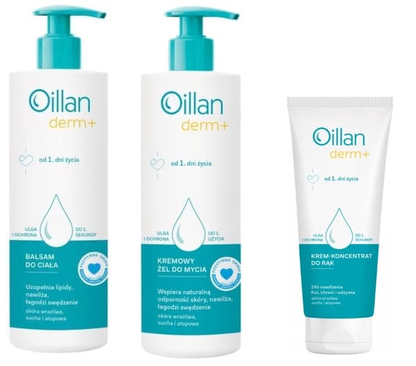 Oillan Derm+ Kropps- och Handvårdsset: Balsam 400 ml, Tvättgel 400 ml, Handkräm-koncentrat 75 ml