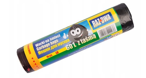 Raz Dwa, Svart Soppåsar med Band 60 L, 10-pack