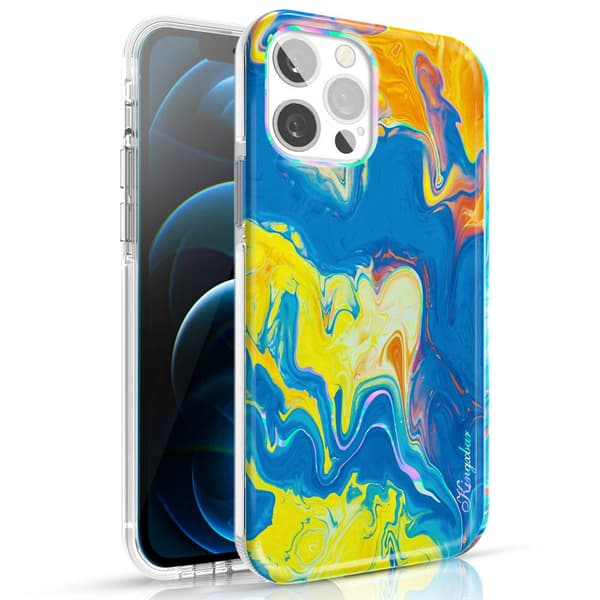 Kingxbar Akvarel-Serie Farverigt Cover til iPhone 12 Pro / iPhone 12 Gul-Blå