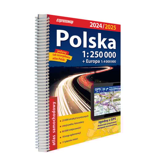 Puolan autoatlas 2024/25 + ensiapuopas, mittakaava 1:250 000