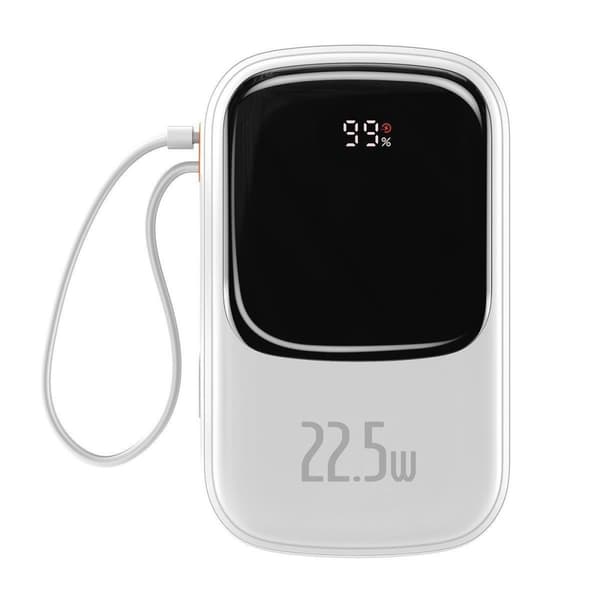 Baseus Qpow Digital Display Powerbank med Hurtig Opladning 20000mAh 22,5W QC/PD/SCP/FCP med Indbygget USB-C Kabel Hvid