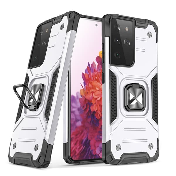 Wozinsky Ring Armor hybrid cover med magnetisk holder til Samsung Galaxy S22 Ultra - Sølv