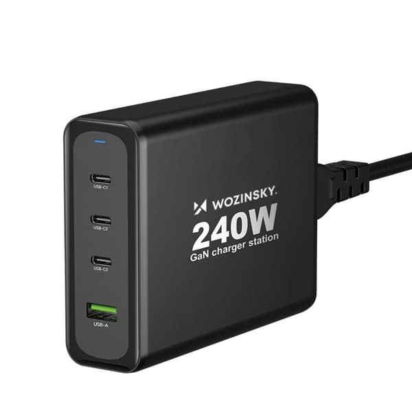 Wozinsky GaN-verkkolaturi 240W, USB-A / 3 x USB-C, musta