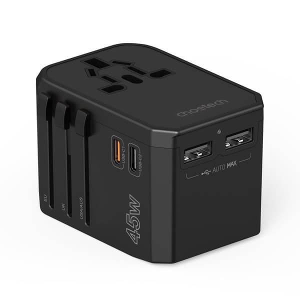 Choetech GaN Rejseoplader PD6045 45W USB-C USB-A med USA/EU/UK/AU stik - Sort