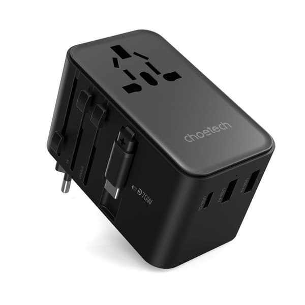 Choetech PD5022 Matkavirtasovitin 70W EU/US/AUS/UK sisäänrakennetulla USB-C-kaapelilla - Musta