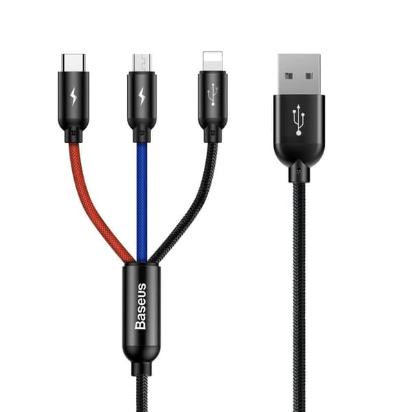 Baseus Tre-i-Én Farver USB-A til micro USB/Lightning/USB-C Kabel 3.5A 0,3m - Sort