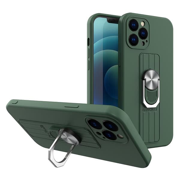 Samsung Galaxy A22 4G Mørkegrøn Silikone Cover med FingerGrebs Holder og Standfunktion