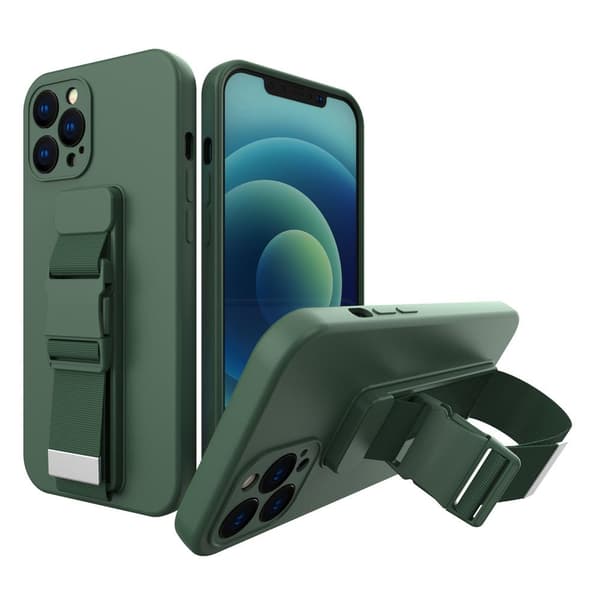 Beskyttende gel case med snor og kæde til iPhone 12 - Mørkegrøn