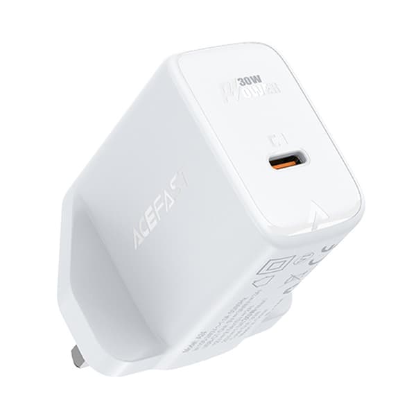 Acefast GaN-verkkolaturi, USB-C 30W, Power Delivery, PPS, UK-pistoke, valkoinen (A24)