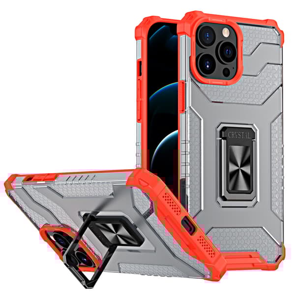 iPhone 12 Pro Max Beskyttelsescover: Rød Hybridhylster med Krystalring og Magnetisk Holder