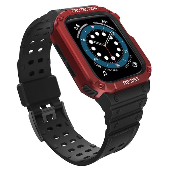 Beskyttelsesrem med indbygget etui til Apple Watch 7/6/5/4/3/2/SE (45/44/42mm) robust urhus sort/rød