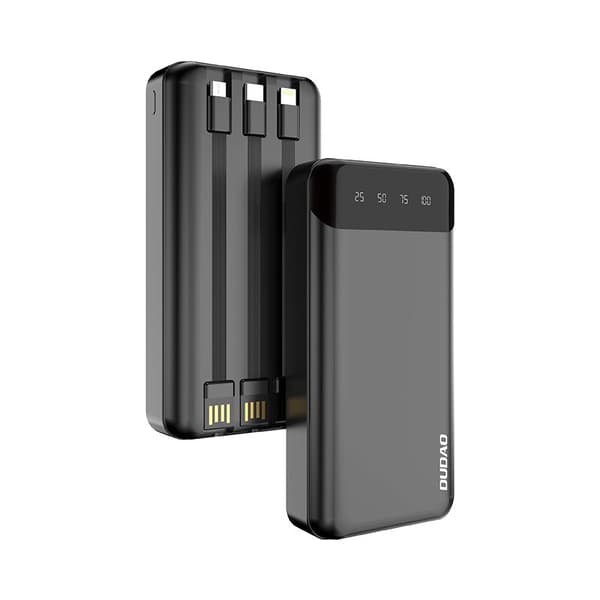 Dudao K6Pro+ Monipuolinen 20000mAh Powerbank, Kolmella Sisäänrakennetulla Kaapelilla (USB-C, microUSB, Lightning), Musta