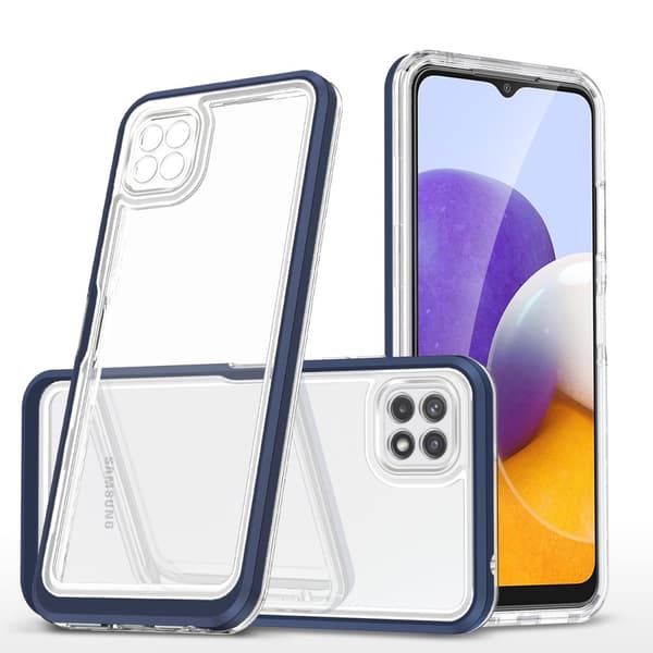 Samsung Galaxy A22 5G suojakotelo sinisellä reunuksella, kirkas 3in1 silikonikuori