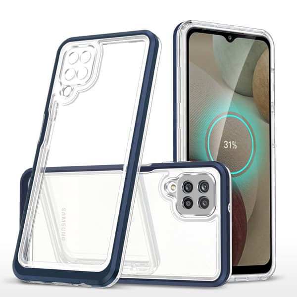 Transparent 3-i-1 cover til Samsung Galaxy A22 4G med blåt rammedesign