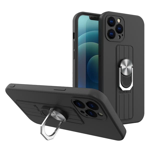 Sort Ring Cover i Silikone med Finger- og Standholder til Samsung Galaxy S22 Ultra - Sort