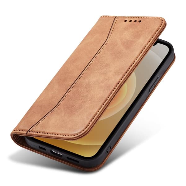 Magnetisk Luksus Etui til iPhone 12 Pro Max: Brun Pungcover med Kortholder og Stativ