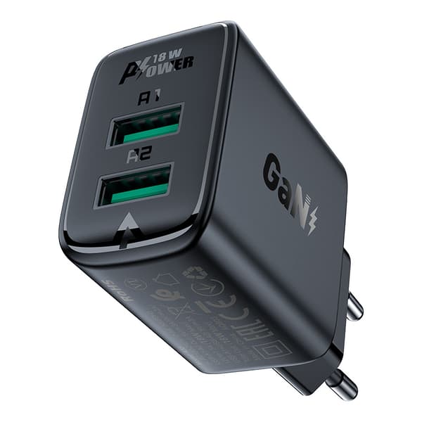 Acefast nätadapter 18W med dubbla USB-portar och QC 3.0 teknologier - Svart (A33)